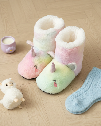 boots unicorn plush slippers - flat-lay