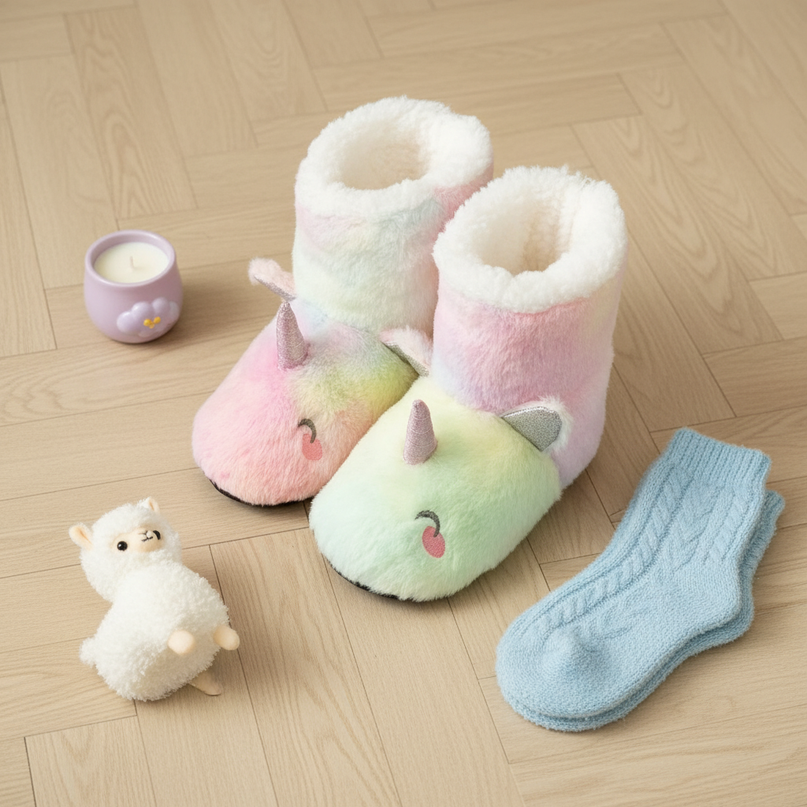 boots unicorn plush slippers - flat-lay