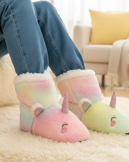 boots unicorn plush slippers - in-use