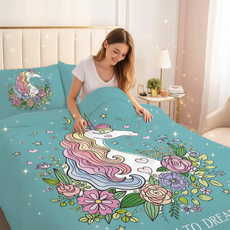 born to dream unicorn bedding - in-use