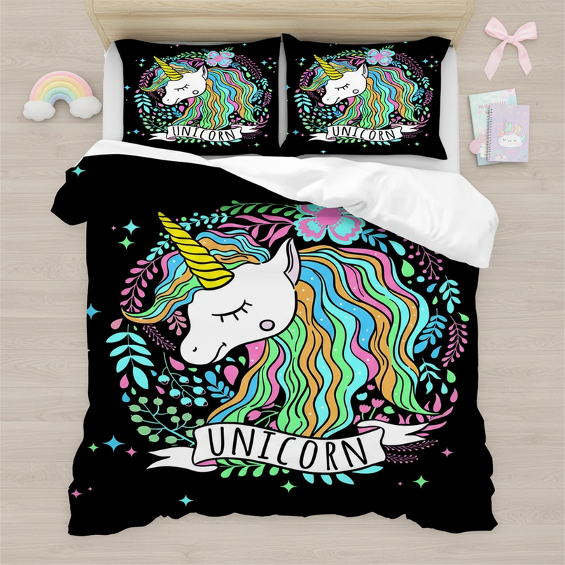 botanical wreath unicorn bedding - flat-lay