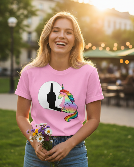 bright pink unicorn shirt - in-use