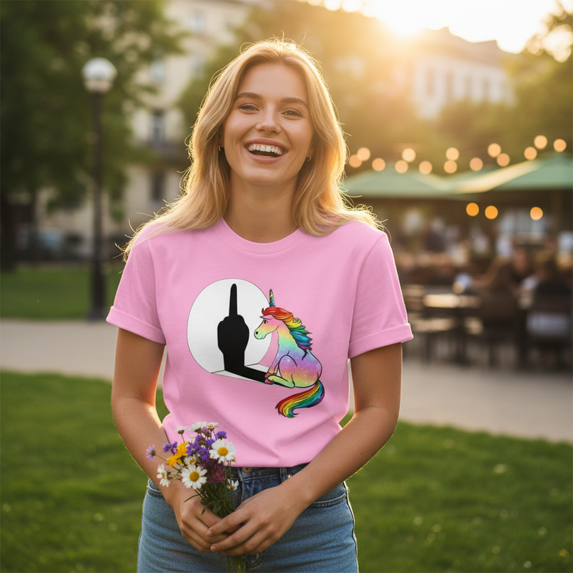 bright pink unicorn shirt - in-use