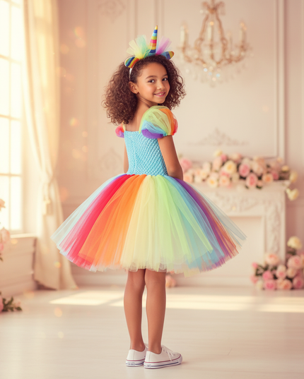 bright rainbow unicorn tutu dress - back