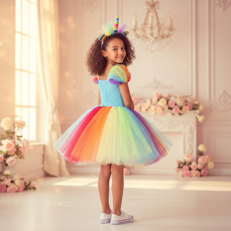 bright rainbow unicorn tutu dress - back