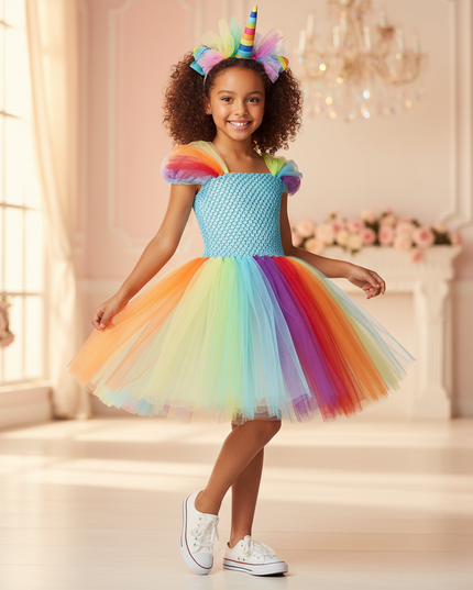 bright rainbow unicorn tutu dress - front