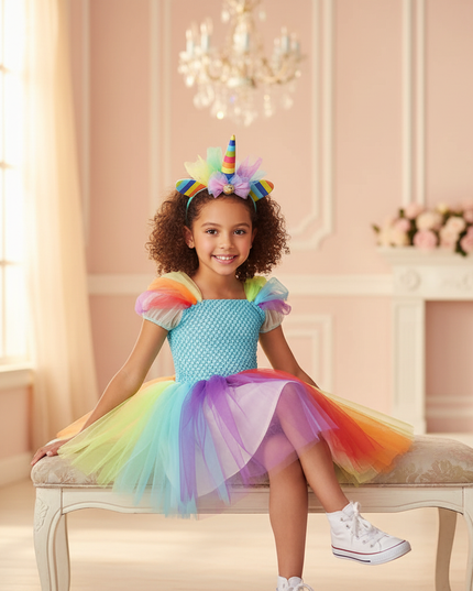 bright rainbow unicorn tutu dress - sitting