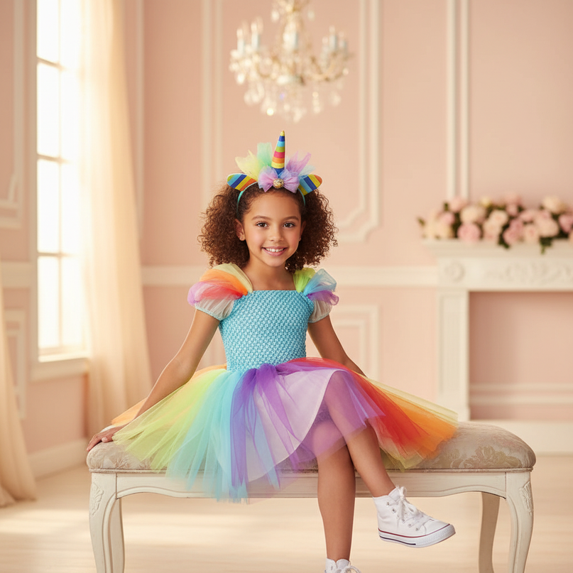 bright rainbow unicorn tutu dress - sitting