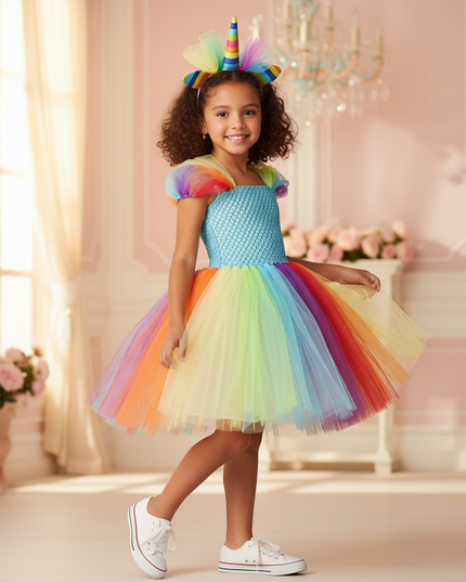 bright rainbow unicorn tutu dress - three-quarter