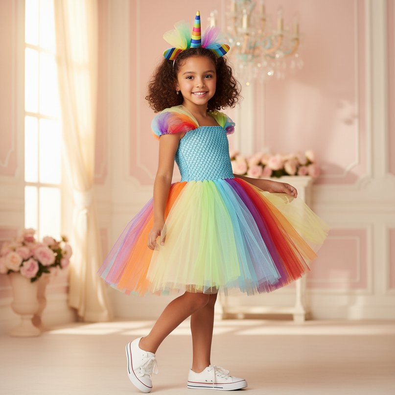 bright rainbow unicorn tutu dress - three-quarter