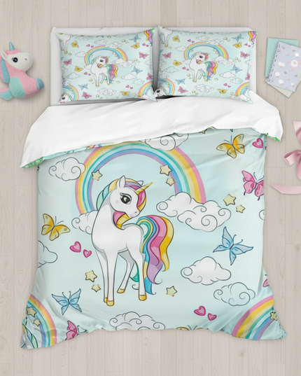 butterfly cloud rainbow unicorn bedding - flat-lay
