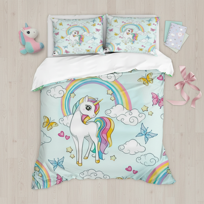 butterfly cloud rainbow unicorn bedding - flat-lay