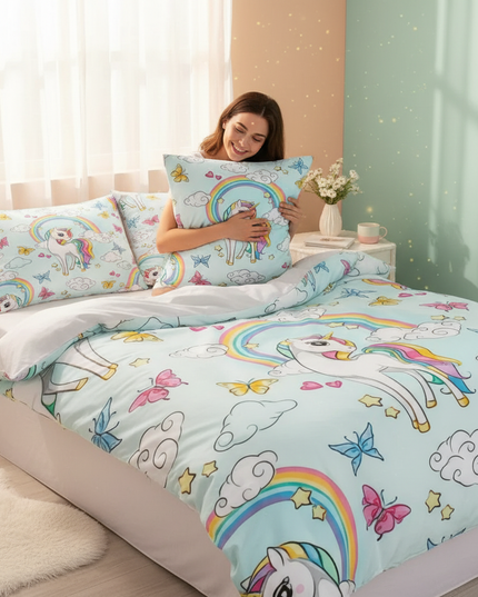 butterfly cloud rainbow unicorn bedding - in-use