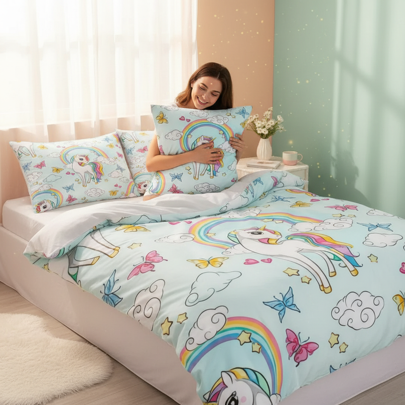 butterfly cloud rainbow unicorn bedding - in-use