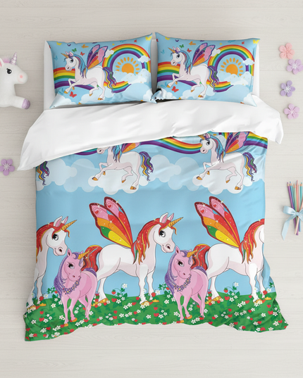 butterfly wing unicorn family bedding - flat-lay