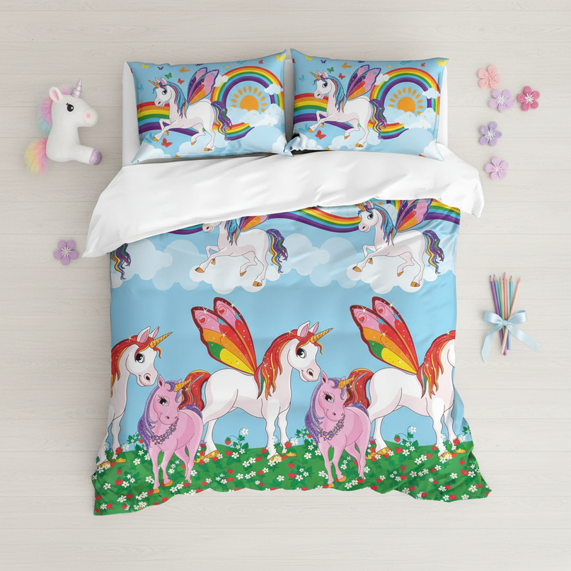 butterfly wing unicorn family bedding - flat-lay