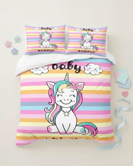 candy stripe baby unicorn bedding - flat-lay