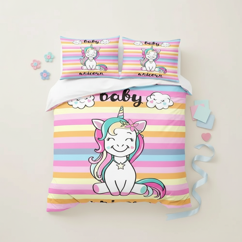 candy stripe baby unicorn bedding - flat-lay