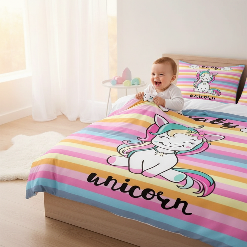candy stripe baby unicorn bedding - in-use