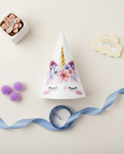cap for birthday with unicorns - flat-lay