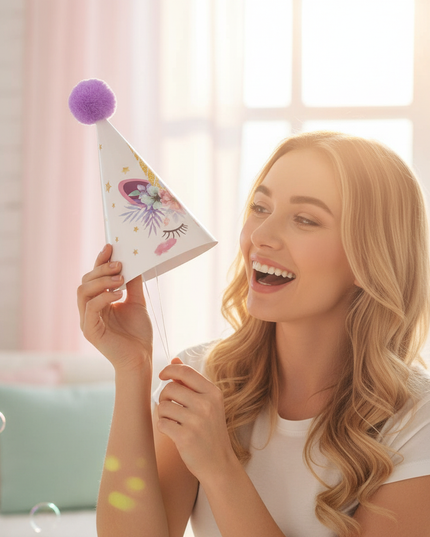 cap for birthday with unicorns - in-use
