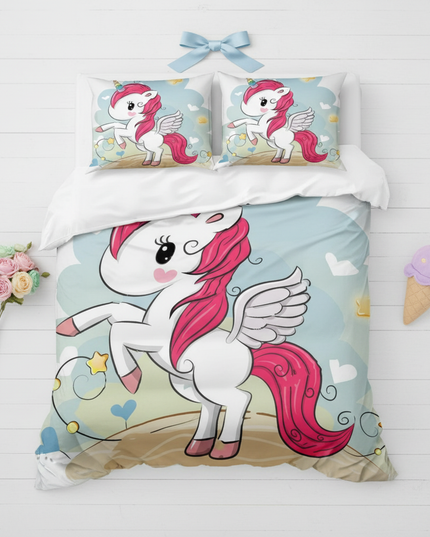 cartoon unicorn bedding - flat-lay