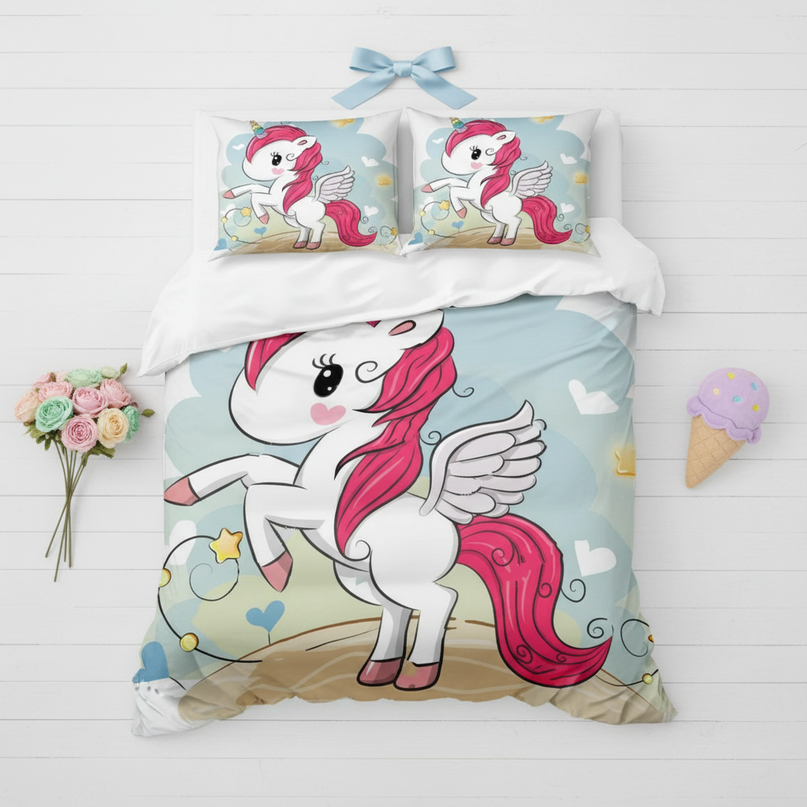 cartoon unicorn bedding - flat-lay