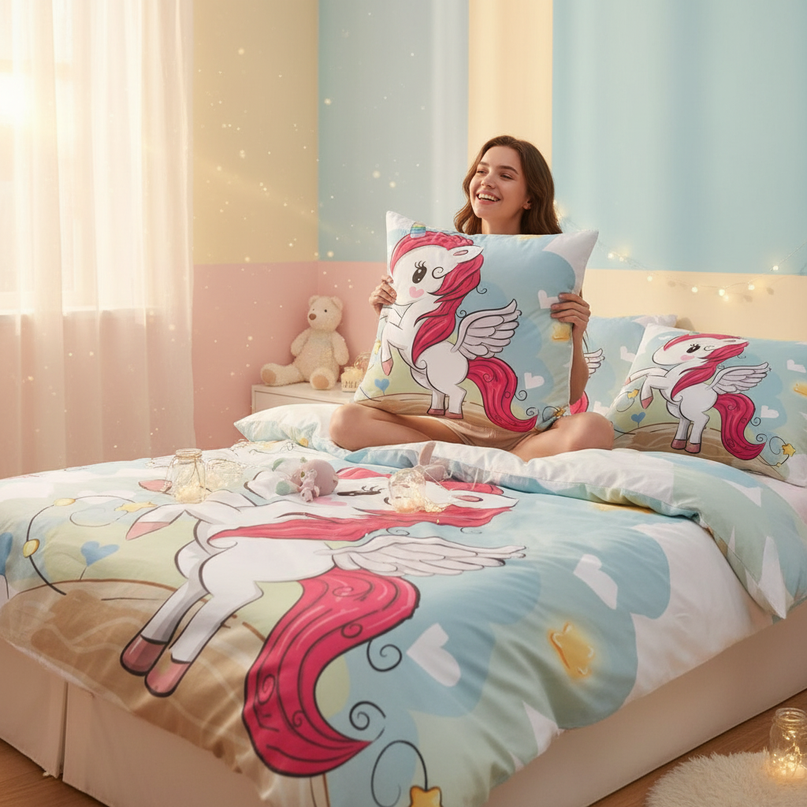 cartoon unicorn bedding - in-use