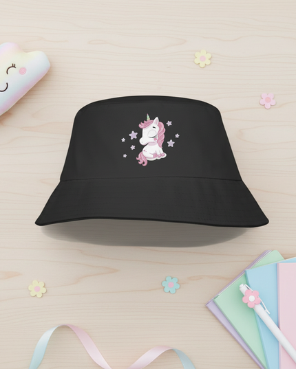 cartoon unicorn bucket hat - flat-lay
