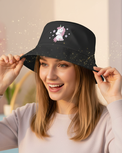 cartoon unicorn bucket hat - in-use