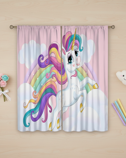 cartoon unicorn curtains - flat-lay