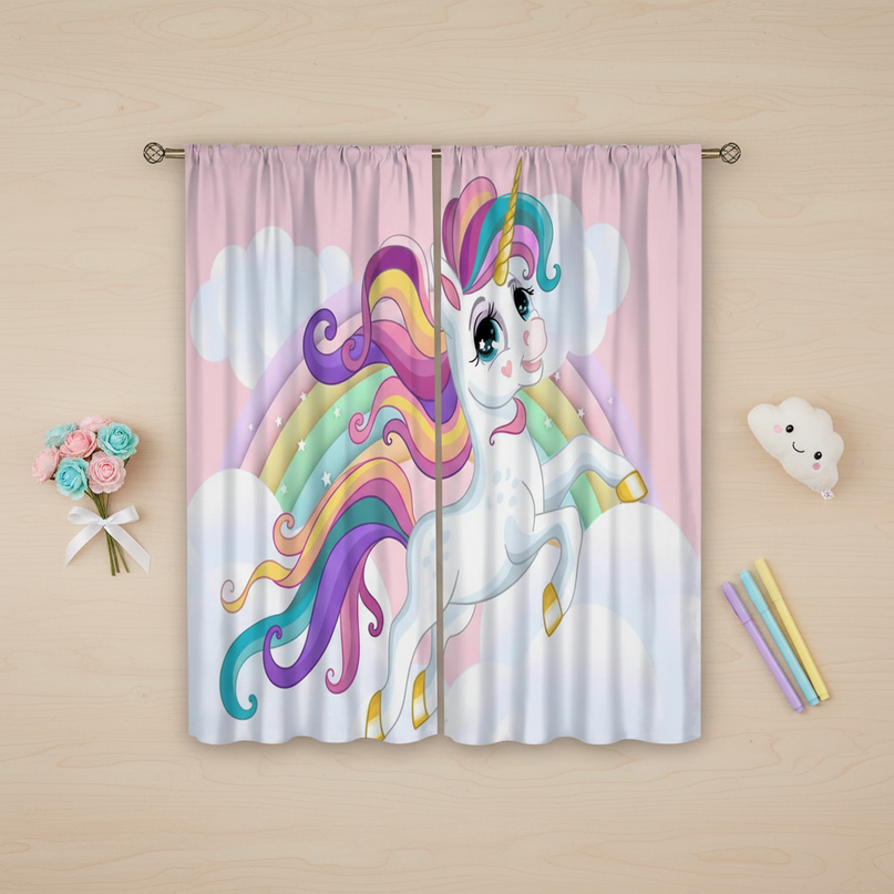 cartoon unicorn curtains - flat-lay