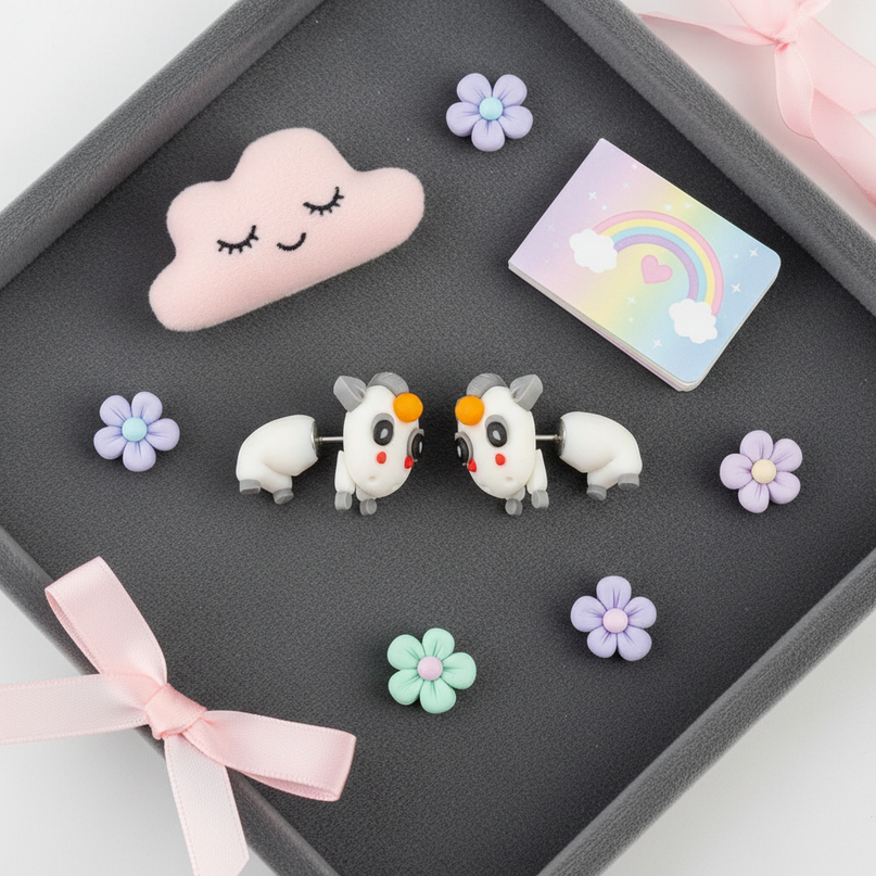 cartoon unicorn earrings - flat-lay