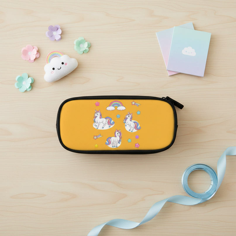 cartoon unicorn pencil case - flat-lay
