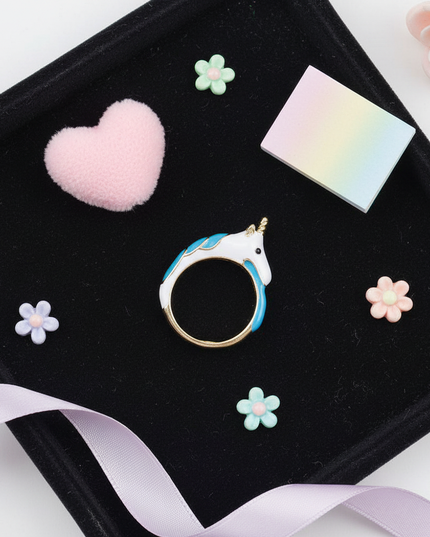 cartoon unicorn ring - flat-lay