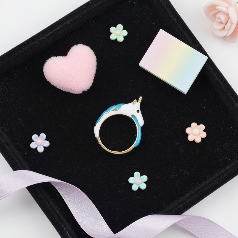cartoon unicorn ring - flat-lay