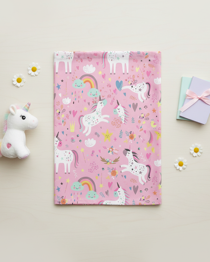 cartoon unicorn shower curtain - flat-lay