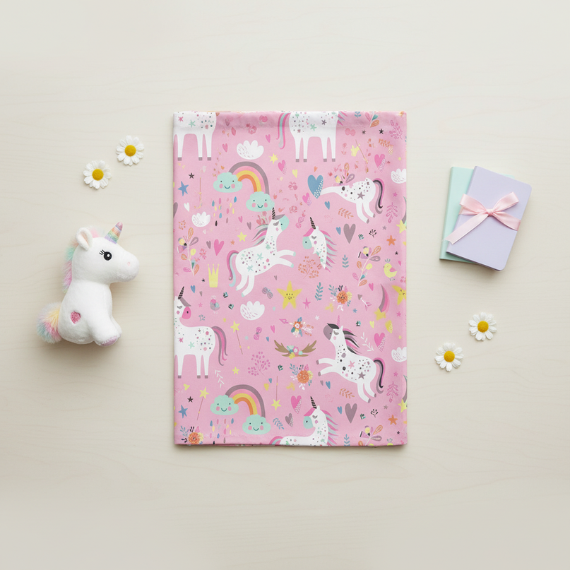 cartoon unicorn shower curtain - flat-lay