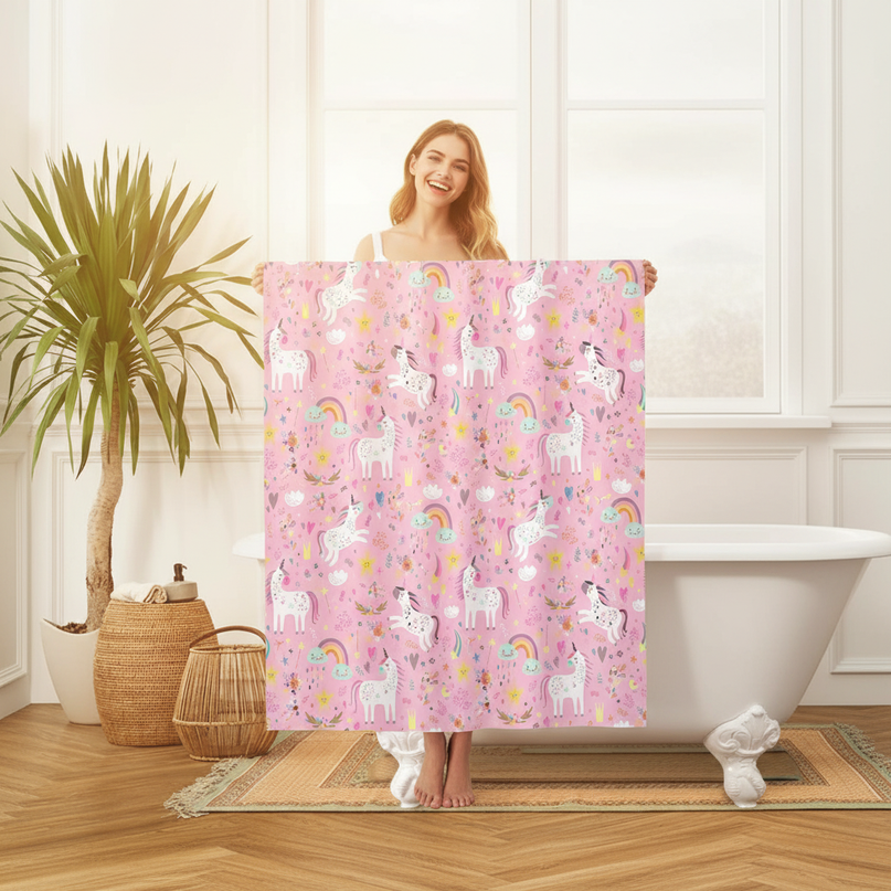 cartoon unicorn shower curtain - in-use
