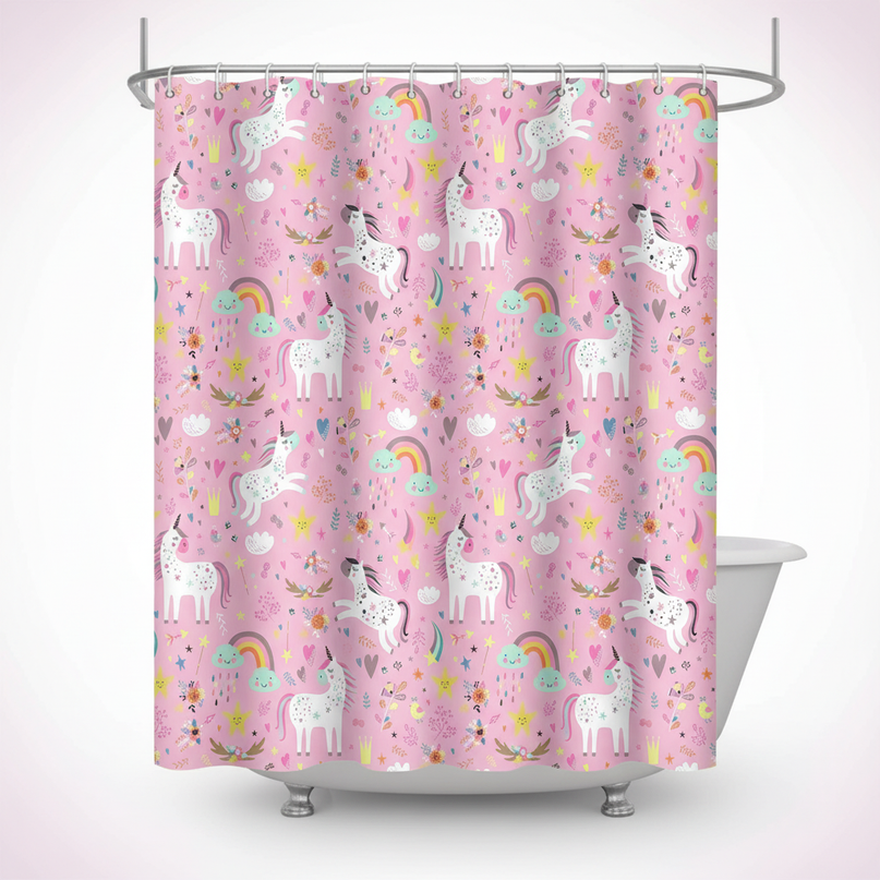 cartoon unicorn shower curtain - white-bg