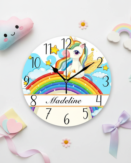 cartoon unicorn wall clock - flat-lay