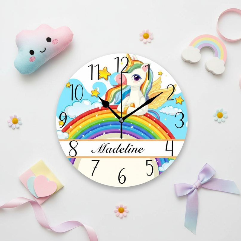 cartoon unicorn wall clock - flat-lay