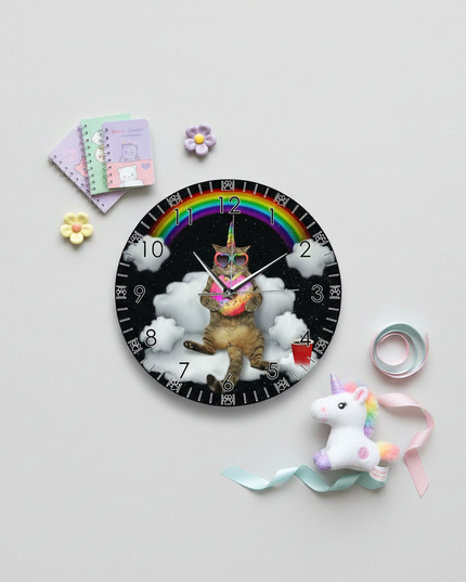 cat unicorn clock - flat-lay