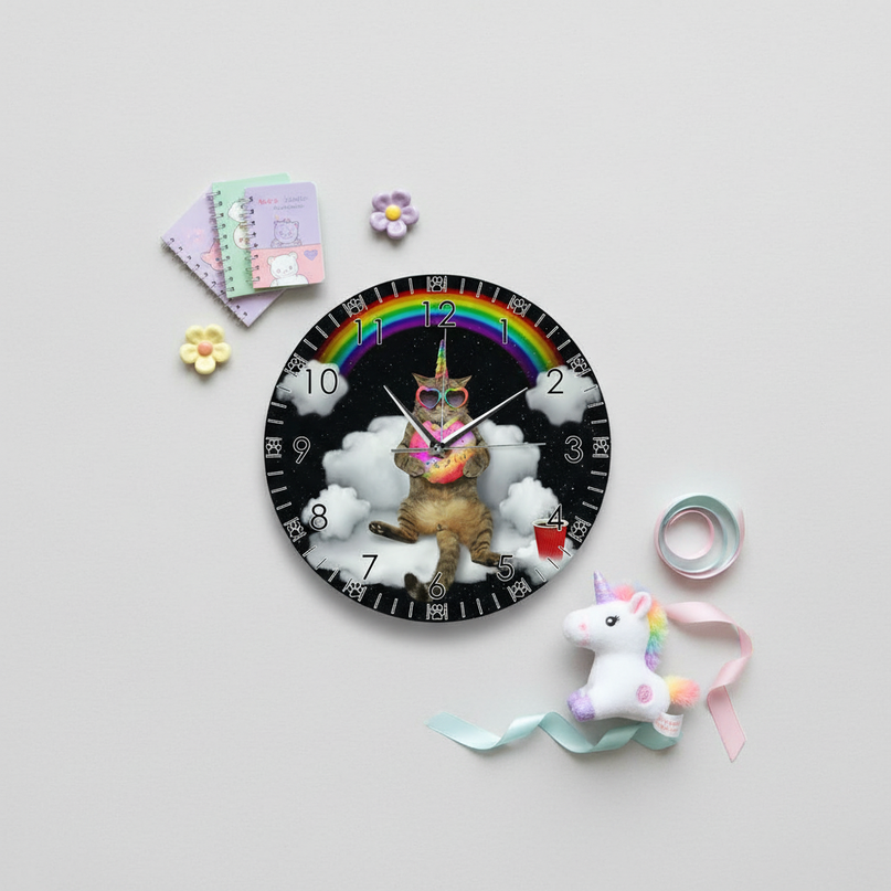 cat unicorn clock - flat-lay