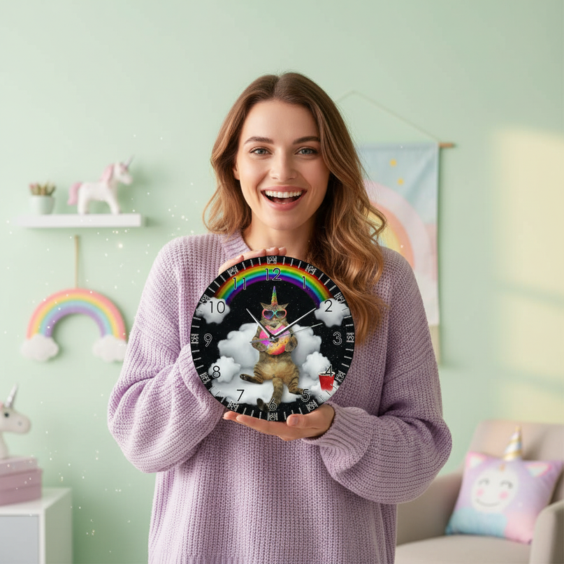 cat unicorn clock - in-use