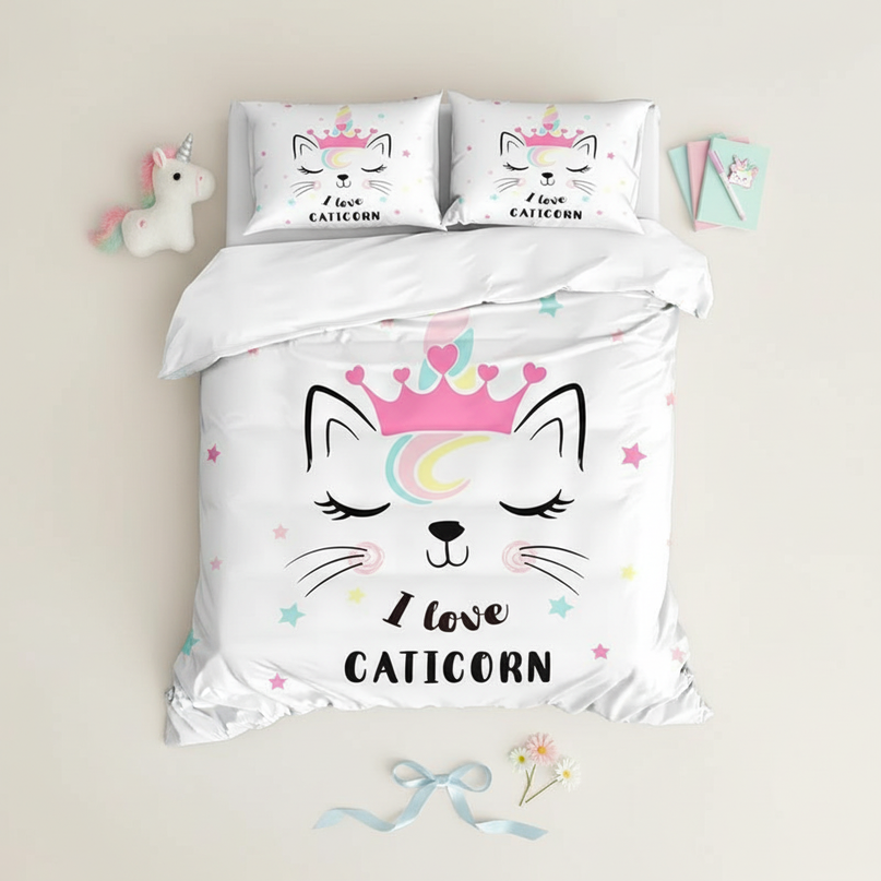 caticorn bedding - flat-lay