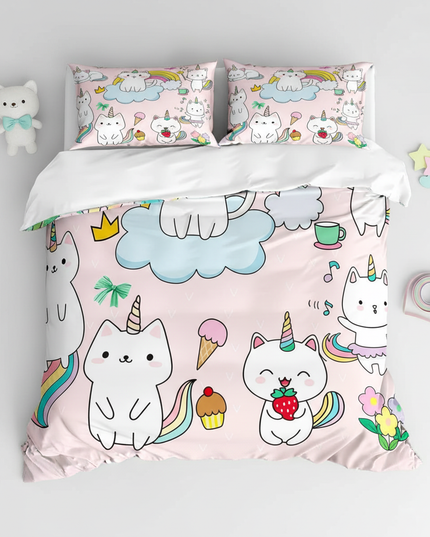 caticorn pattern bedding - flat-lay