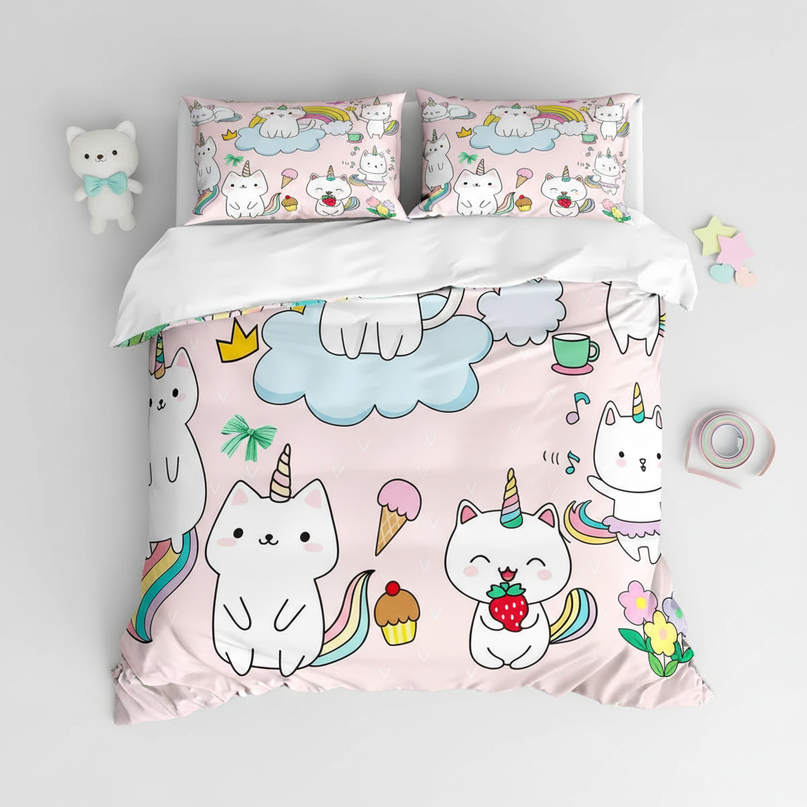 caticorn pattern bedding - flat-lay