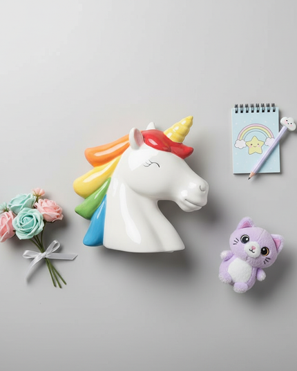 ceramic unicorn piggy bank - flat-lay