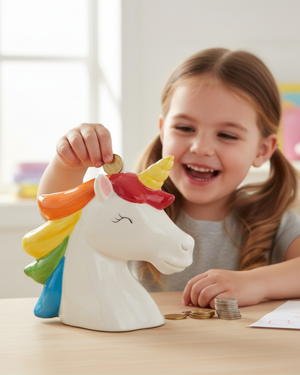 ceramic unicorn piggy bank - in-use